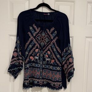 Johnny Was Navy Embroidered Boho Tunic with Pink & Light Blue Accents